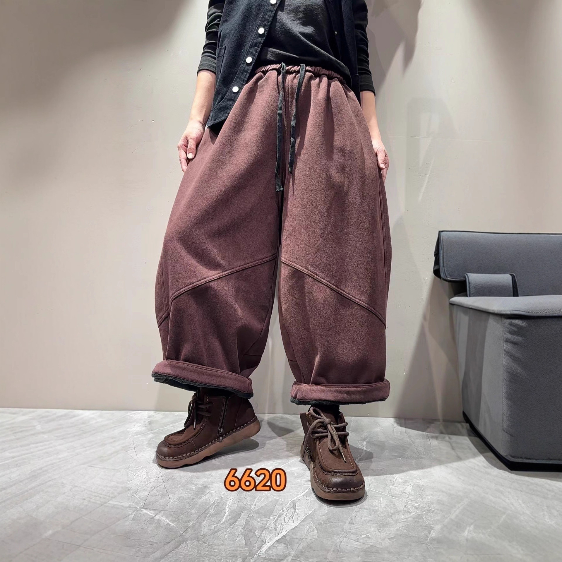 加绒哈伦裤女2025冬季新款松紧腰宽松百搭休闲时尚纯色拼接长裤潮