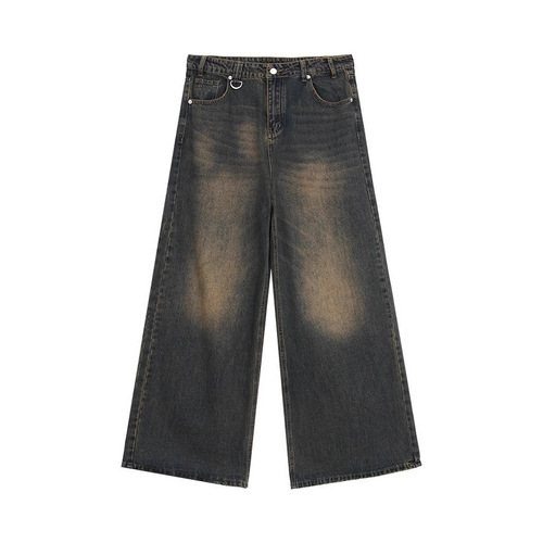 Niche worn-out, vintage-style washed straight-leg men's autumn jeans, loose-fitting and versatile wide-leg floor-length trousers