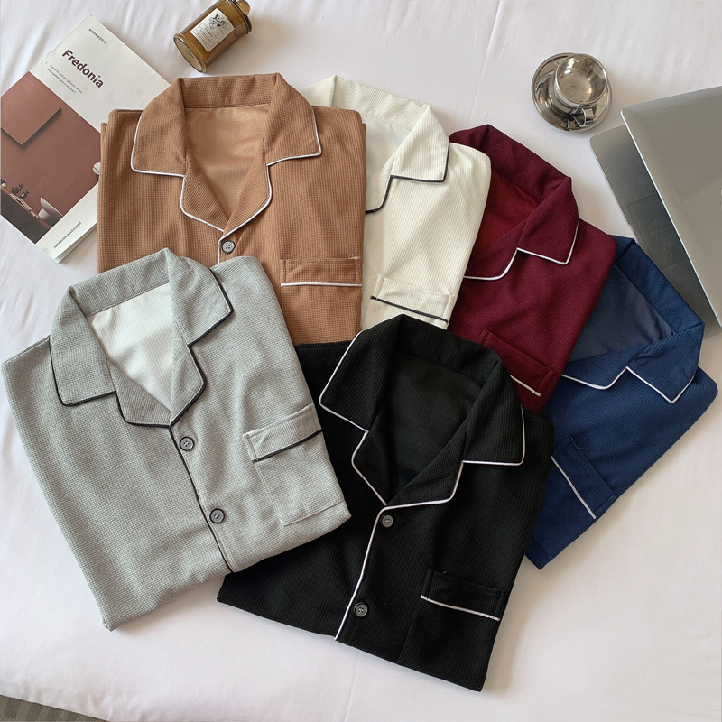 Pijama masculino primavera / otoño / invierno manga larga estilo coreano simple waffle juventud de mediana edad suelta hombre conjunto de ropa de hogar