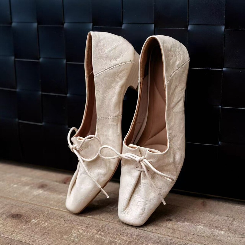 Super soft sheepskin French retro women's leather shoes with square toe, bow, chunky heel, genuine leather, versatile low-cut high-heeled single shoes