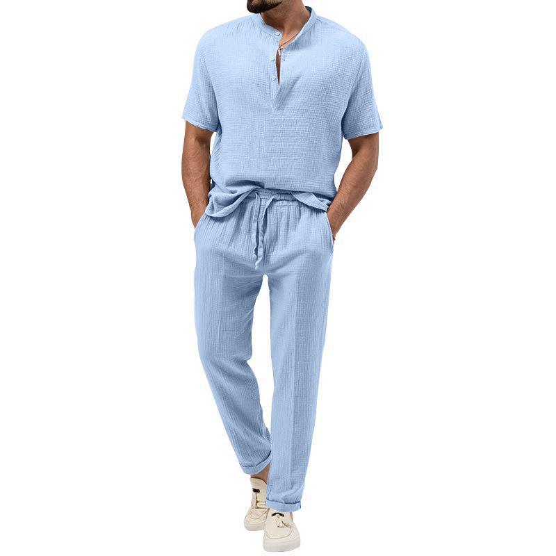 Men's Casual 3-Piece Outfit, Short Sleeve T-Shirt & Shirt With Trousers, Solid Color Summer Lounge Set_viptrois.com