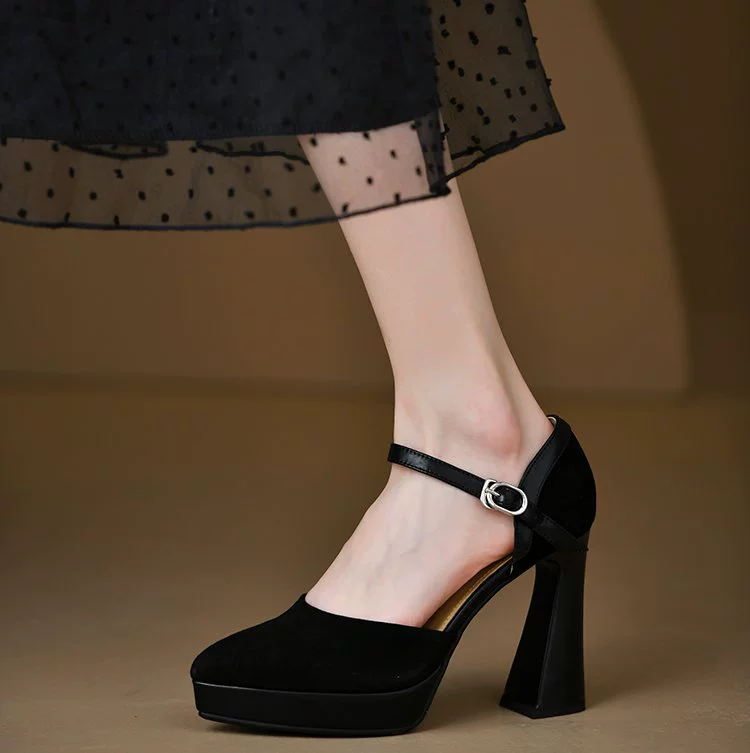 Elegant suede high heels platform, sandals pointed-toe with a strap low-cut, with side cutout in d'Orsay style, wide stable heel, spring 2025 collection