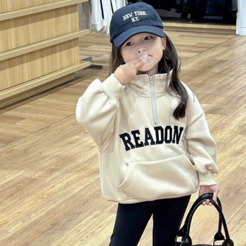 Детская корейская версия плюшевого свитера осень-зима новая детская одежда для девочек иностранные буквы полутолщения на молнии толстый воротник