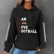 外贸跨境2023年独立站新款橄榄球印花上衣女式套头连帽华夫格卫衣