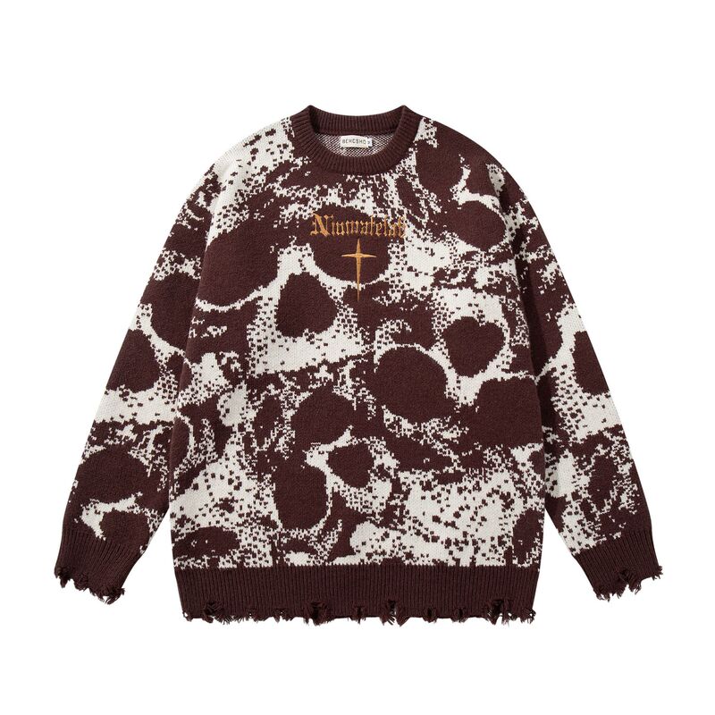 Jiayiku Men's 2025 New American Hip-Hop Trendy Brand Sweater Dark Skull Sweater Destroyed Sweater Jiayiku Men's 2025 New American Hip-Hop Trendy Brand Sweater Dark Skull Sweater Destroyed Sweater