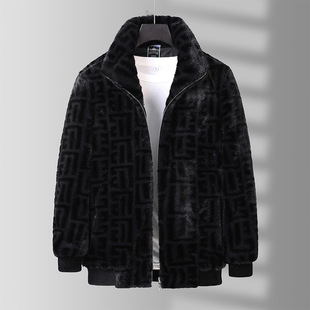 Fat size 2024 autumn and winter new men's plus fat plus size thickened stand collar imitation mink velvet coat warm jacket