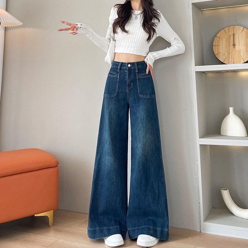 紺色の広脚ジーンズ女性秋冬2025年春秋新高腰ゆるいストレートラッパズボン|undefined