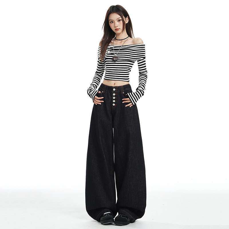 Wholesale Dropshipping Classic Non-Elastic Raw Denim Button Placket Contrast Stitching Curved Knife Silhouette Jeans