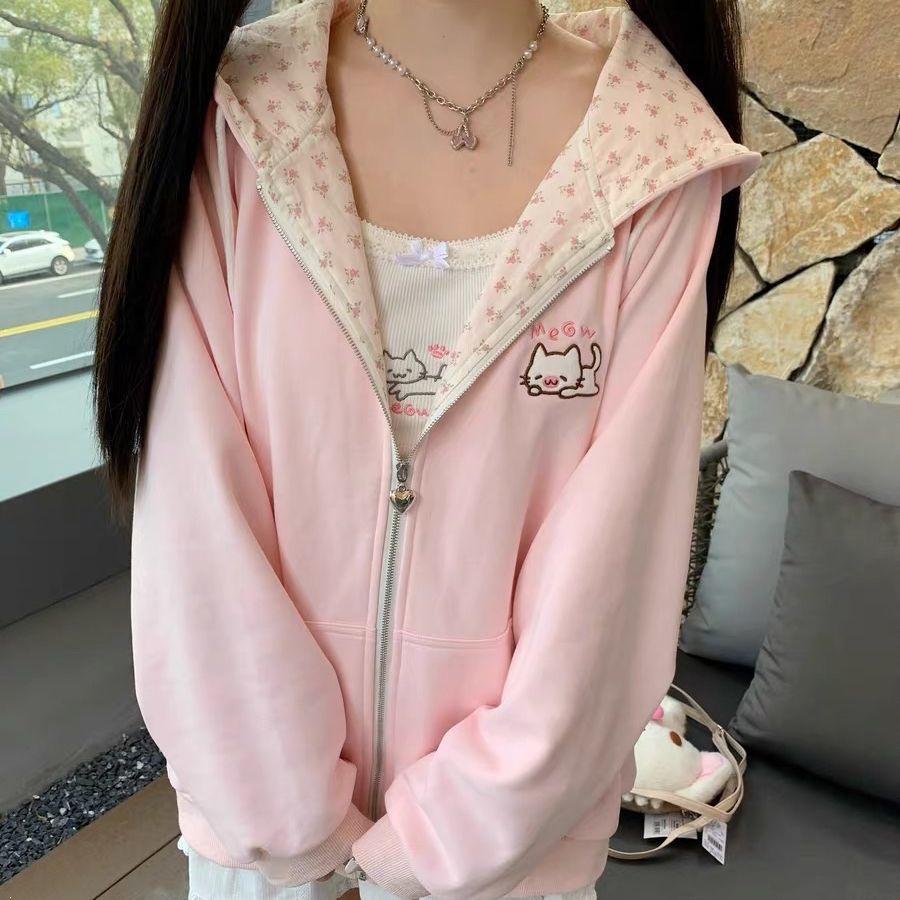 薄款粉色碎花日系猫咪连帽长袖卫衣女春夏拉链开衫外套ins潮韩版