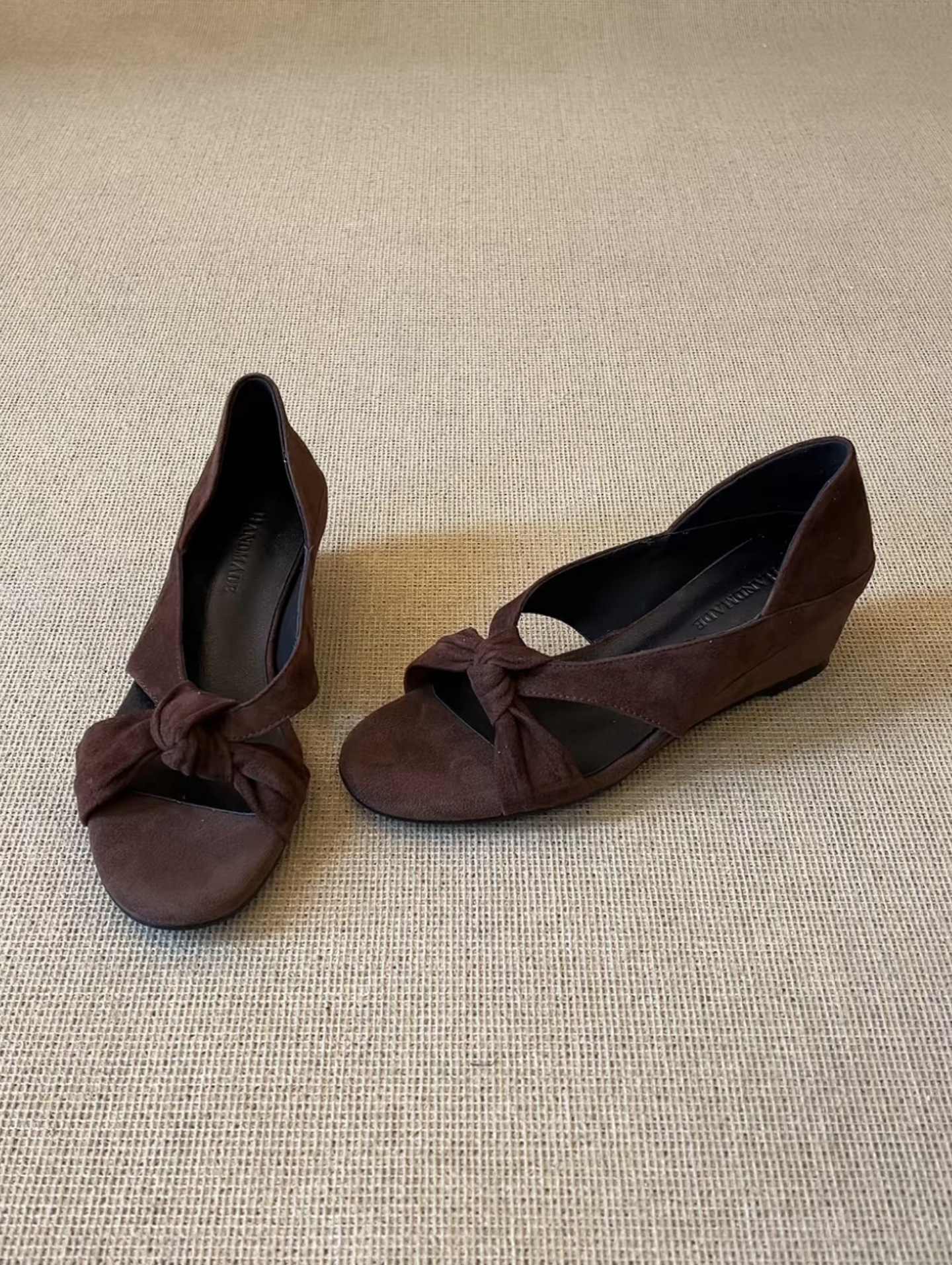 Sandal cao gót nữ hở mũi dây buộc chéo da lộn phong cách La Mã — màu nâu chi tiết 7