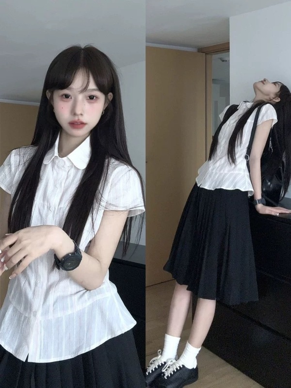 韓国カレッジスタイルポロカラー半袖シャツ女性のための夏の2025新しいスタイルシンプルな痩身西洋スタイル年齢軽減シャツ|undefined
