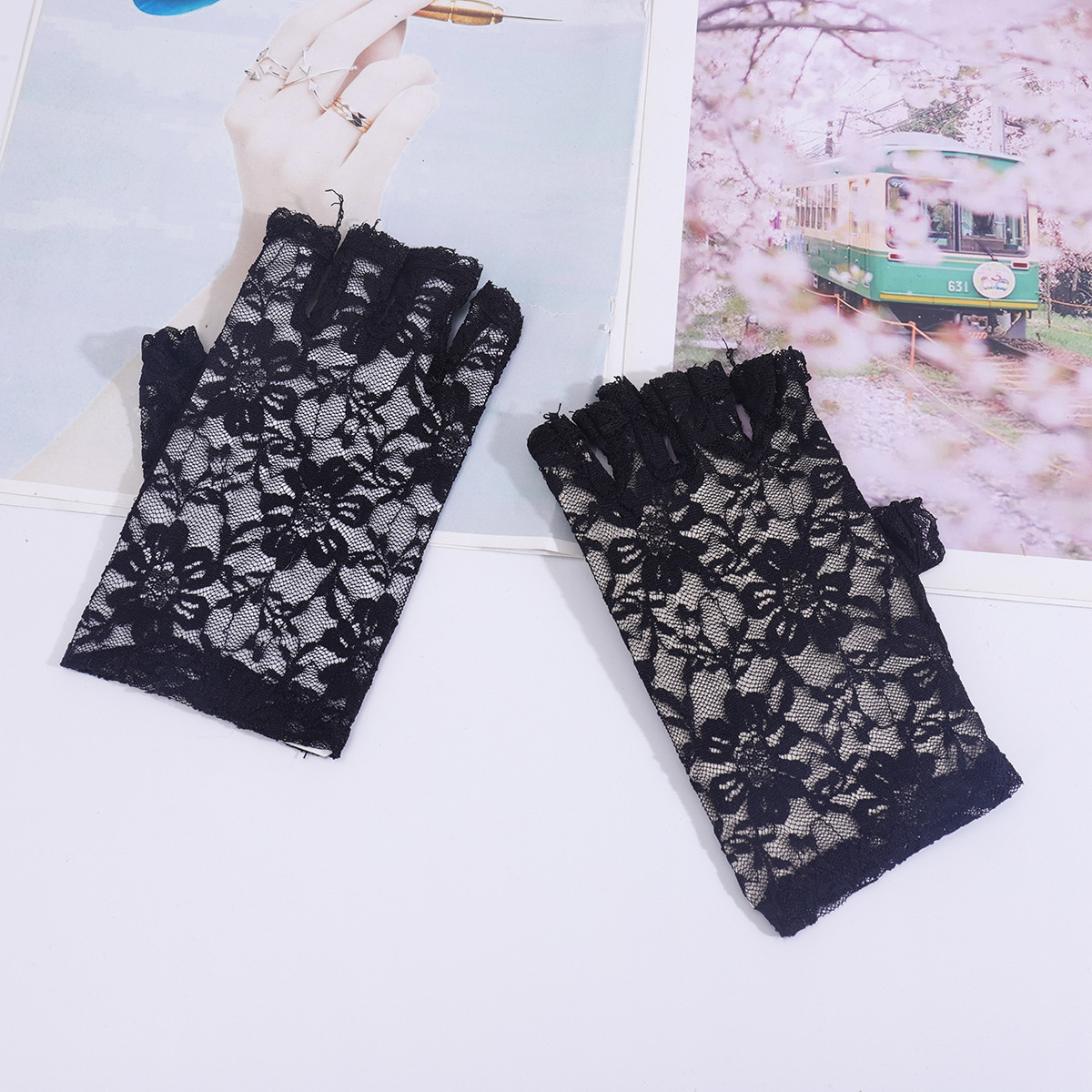 Protección solar sin dedos nupcial encaje medio dedo guantes de mujer corto floral guantes para boda ópera fiesta de té