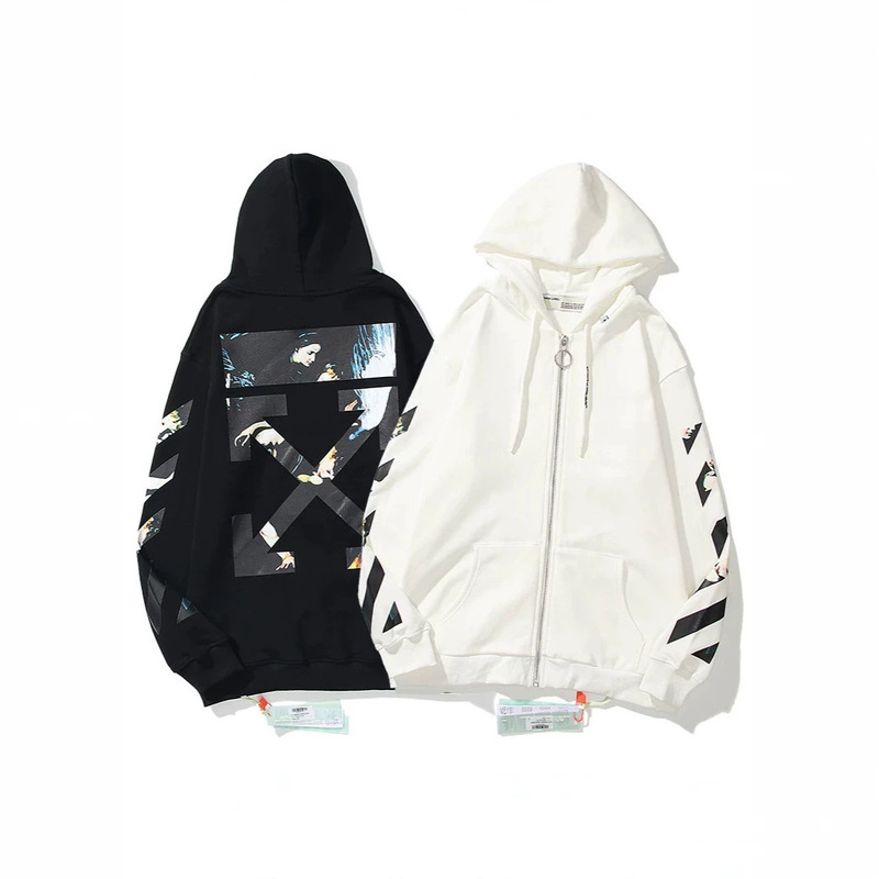 Off-White Retro Portrait Oil Painting Torn Arrow Zipper Hooded Jacket Unisex Patchwork Print Cardigan Off-White Retro Portrait Oil Painting Torn Arrow Zipper Hooded Jacket Unisex Patchwork Print Cardigan