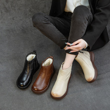 头层牛皮厚底秋冬新款羊毛靴坡跟圆头简约百搭马丁靴短筒女皮靴子