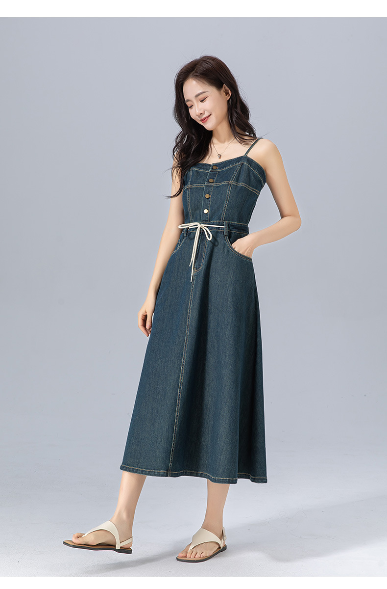 Đầm maxi nữ denim phong cách vintage thiết kế dây đeo thắt eo — xanh lam chi tiết 9