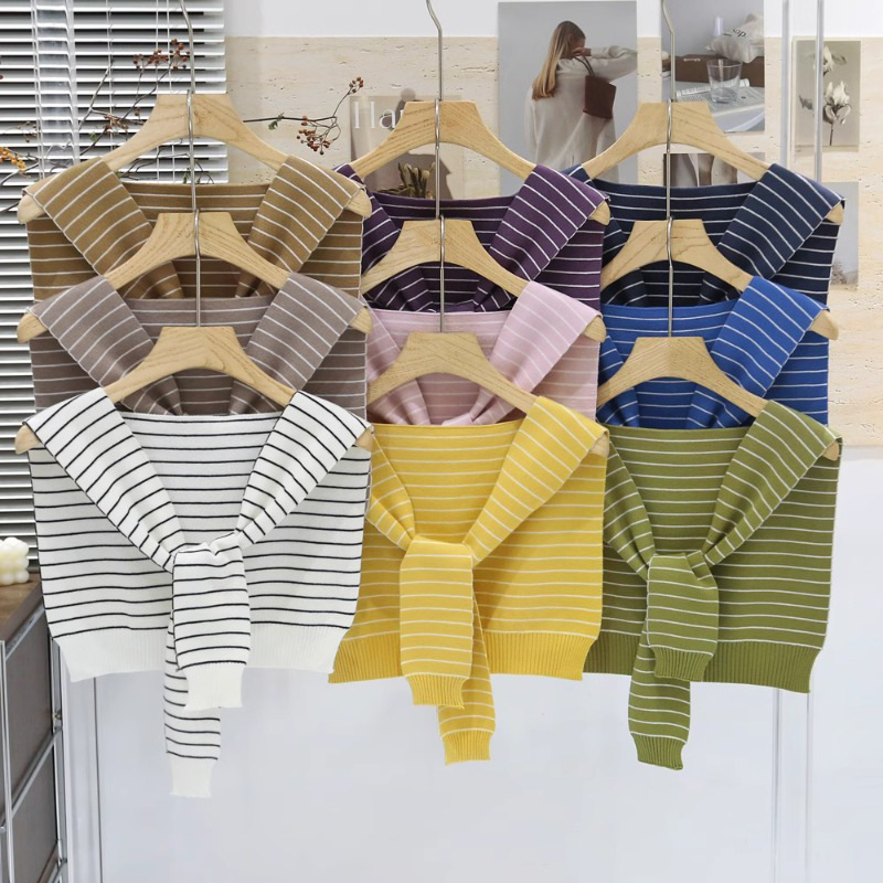 Korean Style Stripesd Knitted Shawl with Shirt, Spring & Fall Women's Shirt with T-Shirt Neck Protector, Summer Thin Small Waistcoat