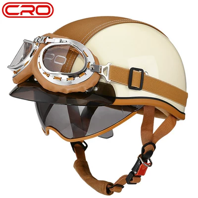 and Electric Bikes, Japanese-Style Helmet, Motosiklet kaskı (dəbilqə) - cro-summer-helmet-off-white-transparent-mirror-black-tea-mirror-yellow-leather-goggles-m-55-56cm-head-circumference