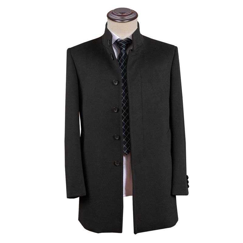 Men's Dark Single-Breasted Wool Neutral Collar Windbreaker Casual Cashmere Outwear Pure Color Woolen Jacket Brand Customization