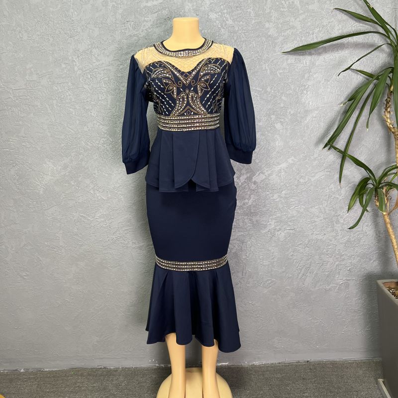 Women's Clothing new mesh splicing solid color hot diamond two piece set_voghion.com