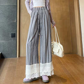 优雅蕾丝抽绳格子阔腿裤女2025春夏高腰垂感慵懒风宽松休闲拖地裤