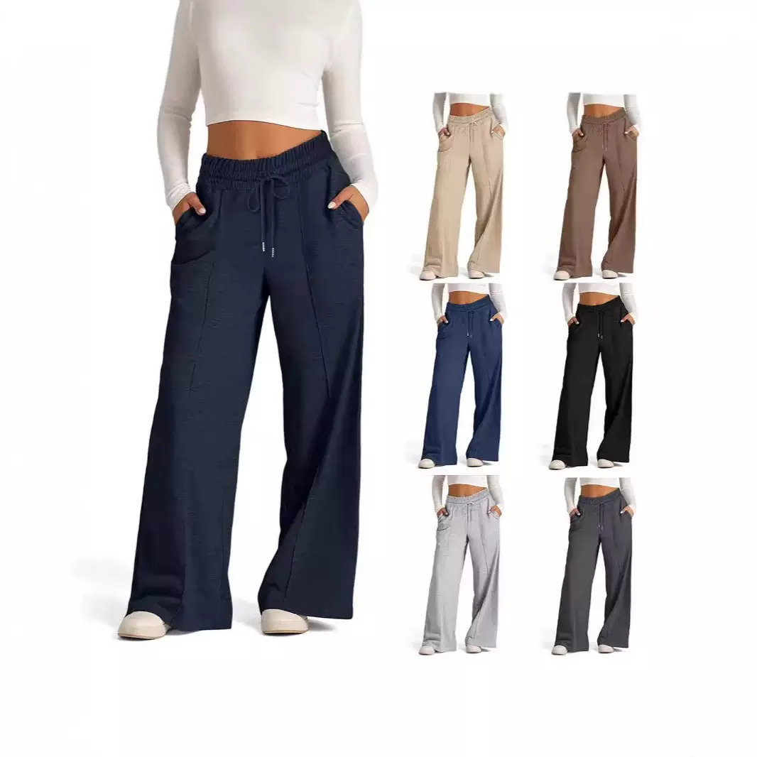 2024跨境外贸亚马逊欧美新品女装休闲纯色系绳收腰时尚阔腿直筒裤