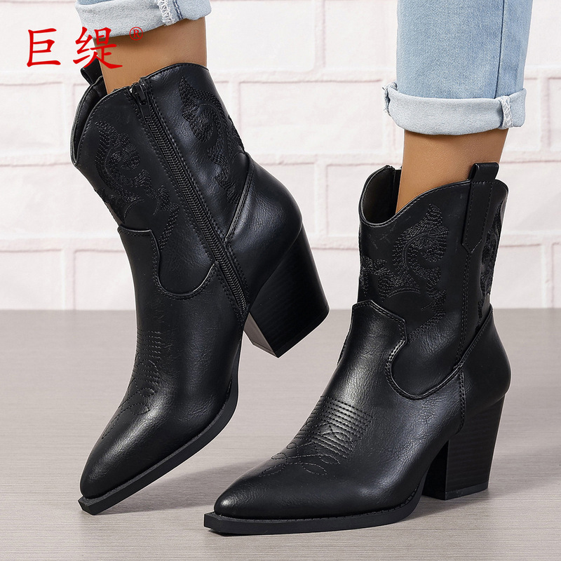 Juti 2024 New Spot Export Large Size Embroidered Fashion Low-Top Women's Boots Wish Amazon Women's Leather Boots