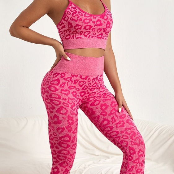 Cross-Border European and American Popular Leopard Print Tight-Fitting Butt-Lifting High-Waisted Women's Sports Running Pilates Yoga Set