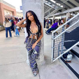 欧美2025亚马逊跨境秋季新款休闲时尚彩色图案流苏绒裤女装