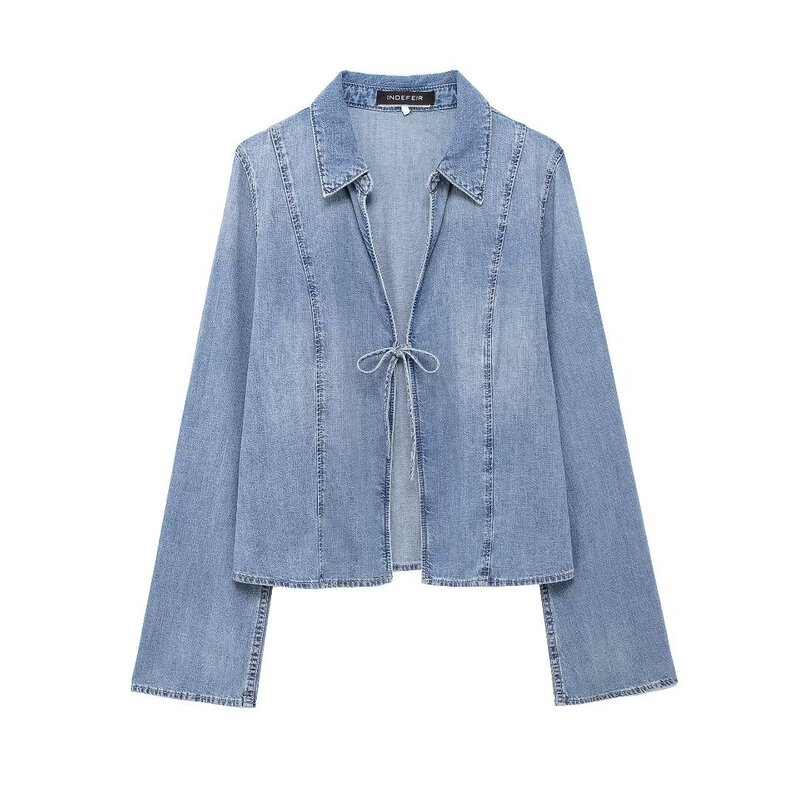 European and American cross-border women's clothing wholesale women's bow Denim shirt