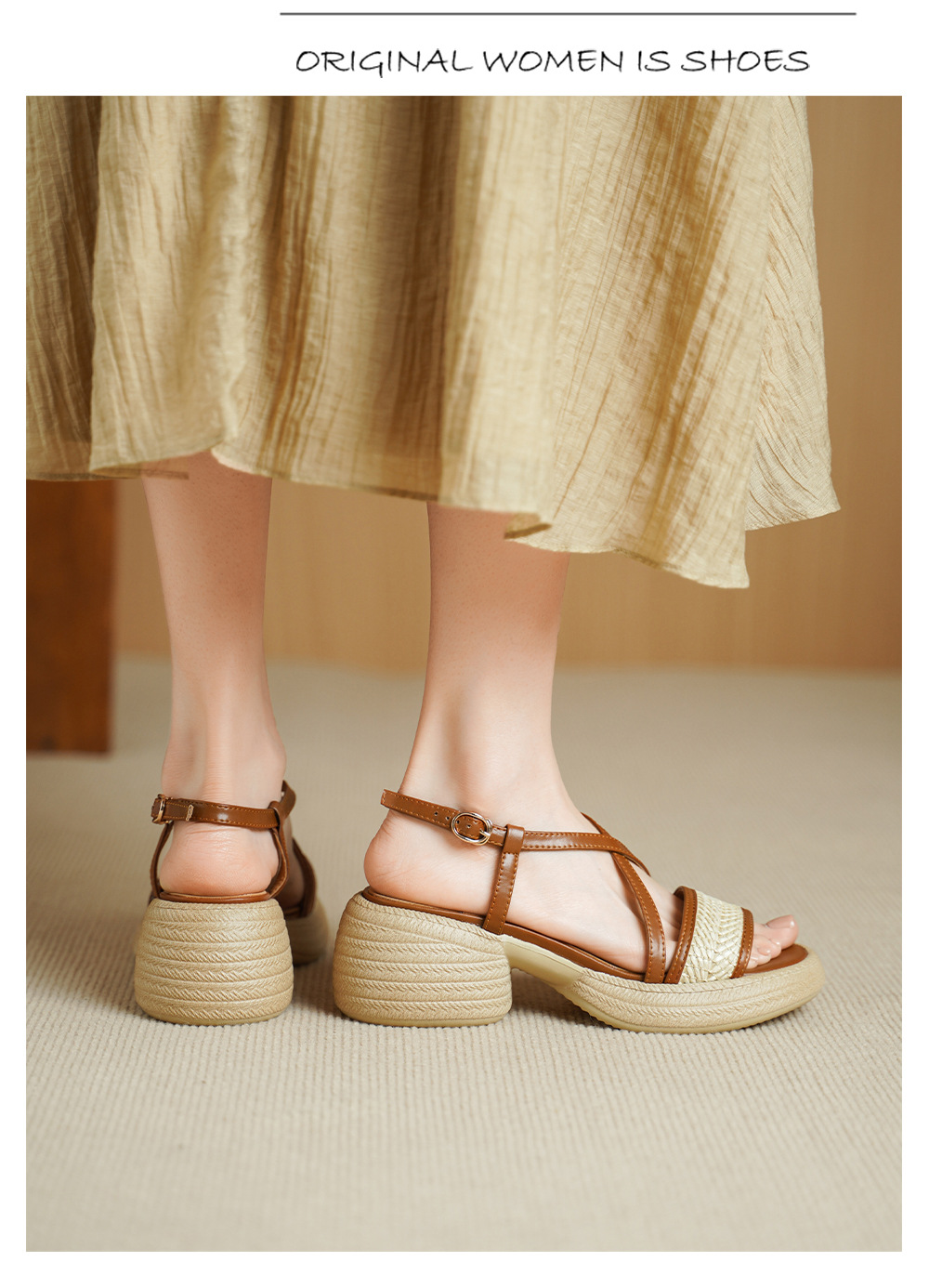 Sandal cao gót nữ mũi hở quai chéo khóa ngang gót dày — Màu nâu nhạt chi tiết 10