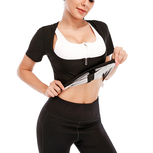 European and American plus-size sport body shaping tops with zipper short sleeve sweat-proof tops with waist-cinching and chest-lifting shaping tops, fitness sweat-proof tops