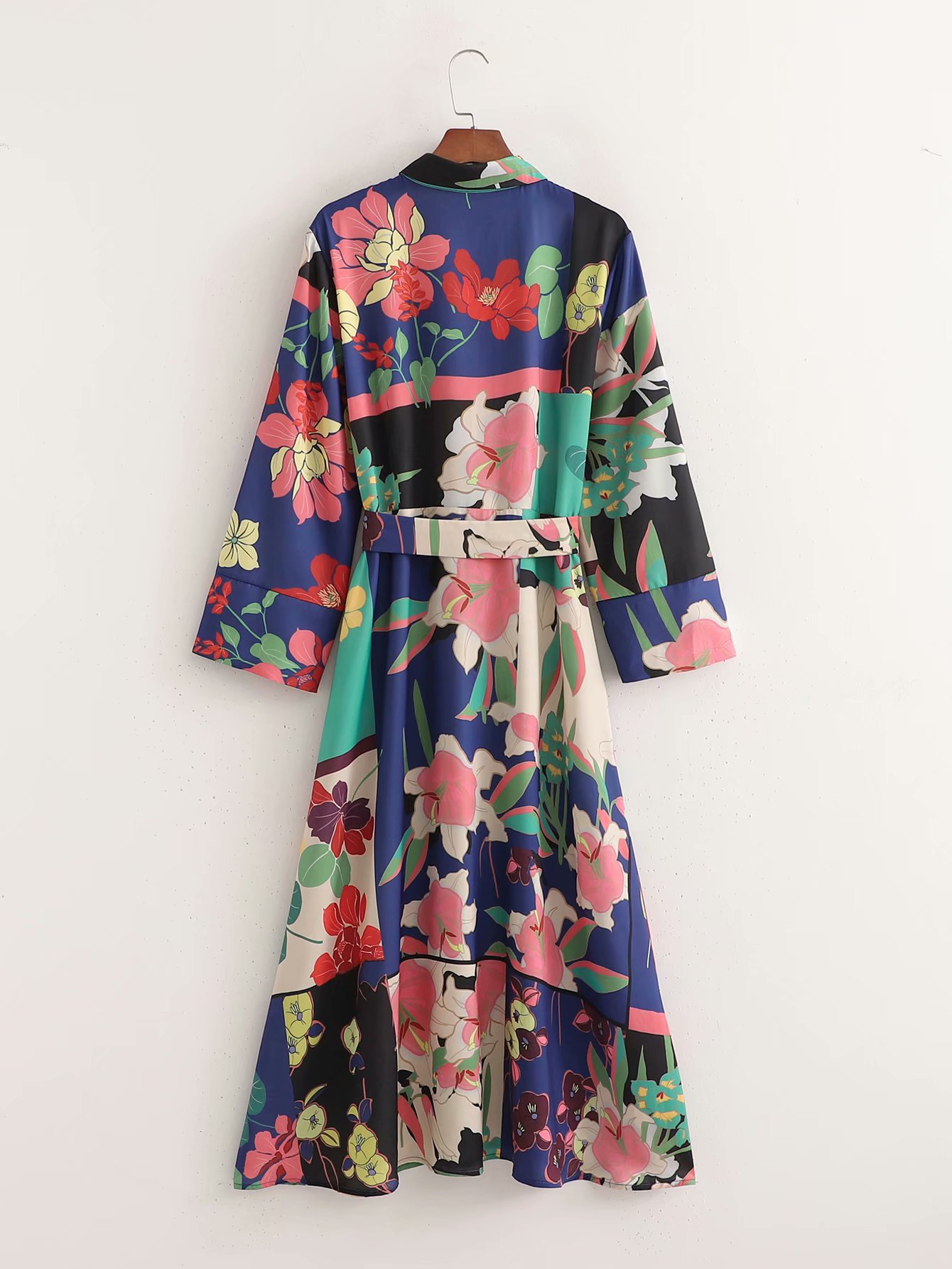 women s flower printing belted V-neck dress nihaostyles clothing wholesale NSAM78156