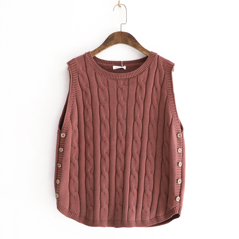 Otoño diseño artístico nicho color sólido Chaleco de punto giro de las mujeres sueltas de dos lados botón suéter chaleco superior