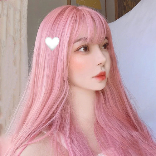 Wig female long hair pink internet celebrity air bangs lolita daily round face cos long straight hair natural full headgear