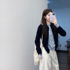 休闲撞色设计感假两件针织开衫女2025年新款宽松百搭阔腿裤两件套