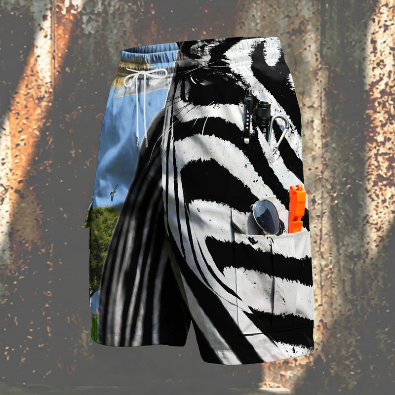 Men's Zebra Print Jungle Scenery Printed Cargo Shorts, Summer Drawstring Elastic Waist Multi-Pocket Men's Shorts