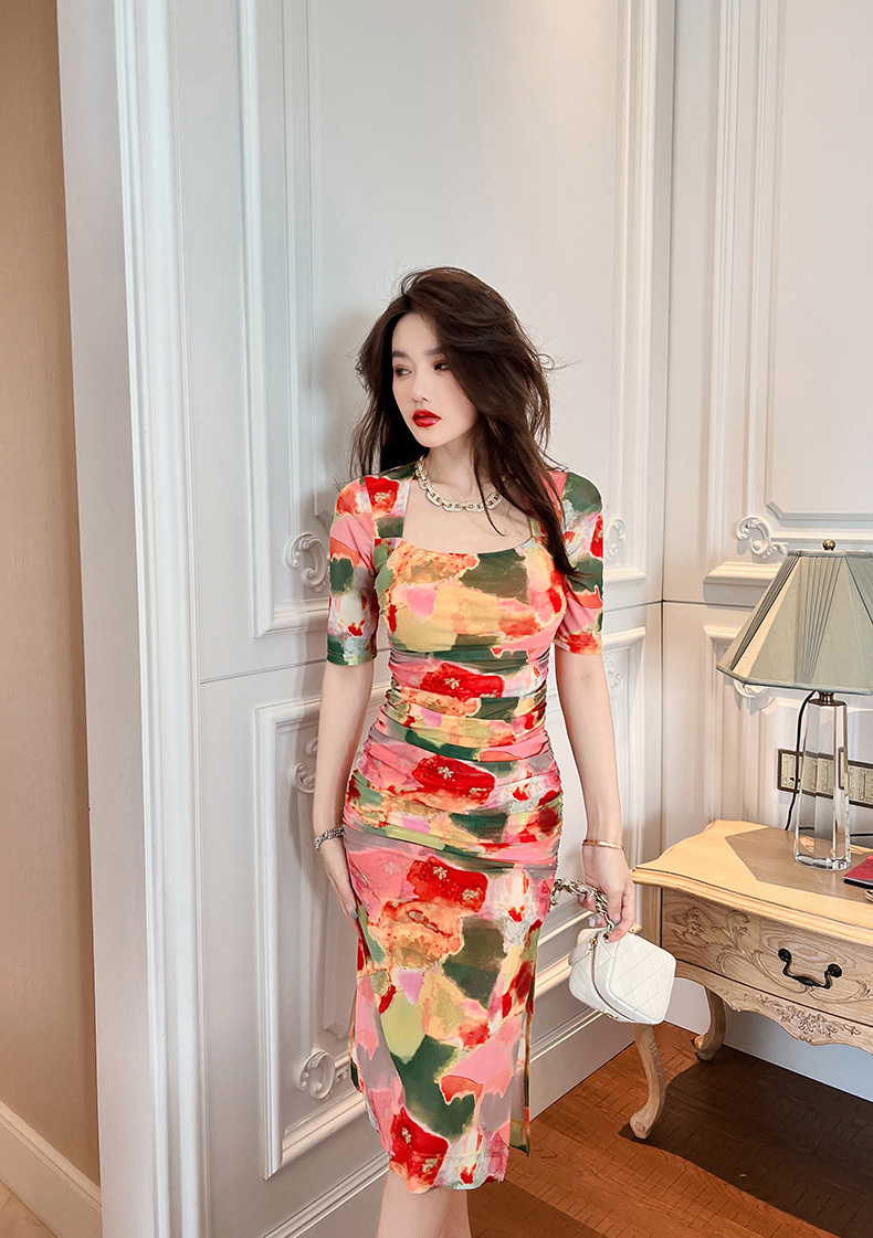 Váy dài ôm hông cổ vuông in họa tiết hoa phong cách Pháp — Màu hoa chi tiết 13
