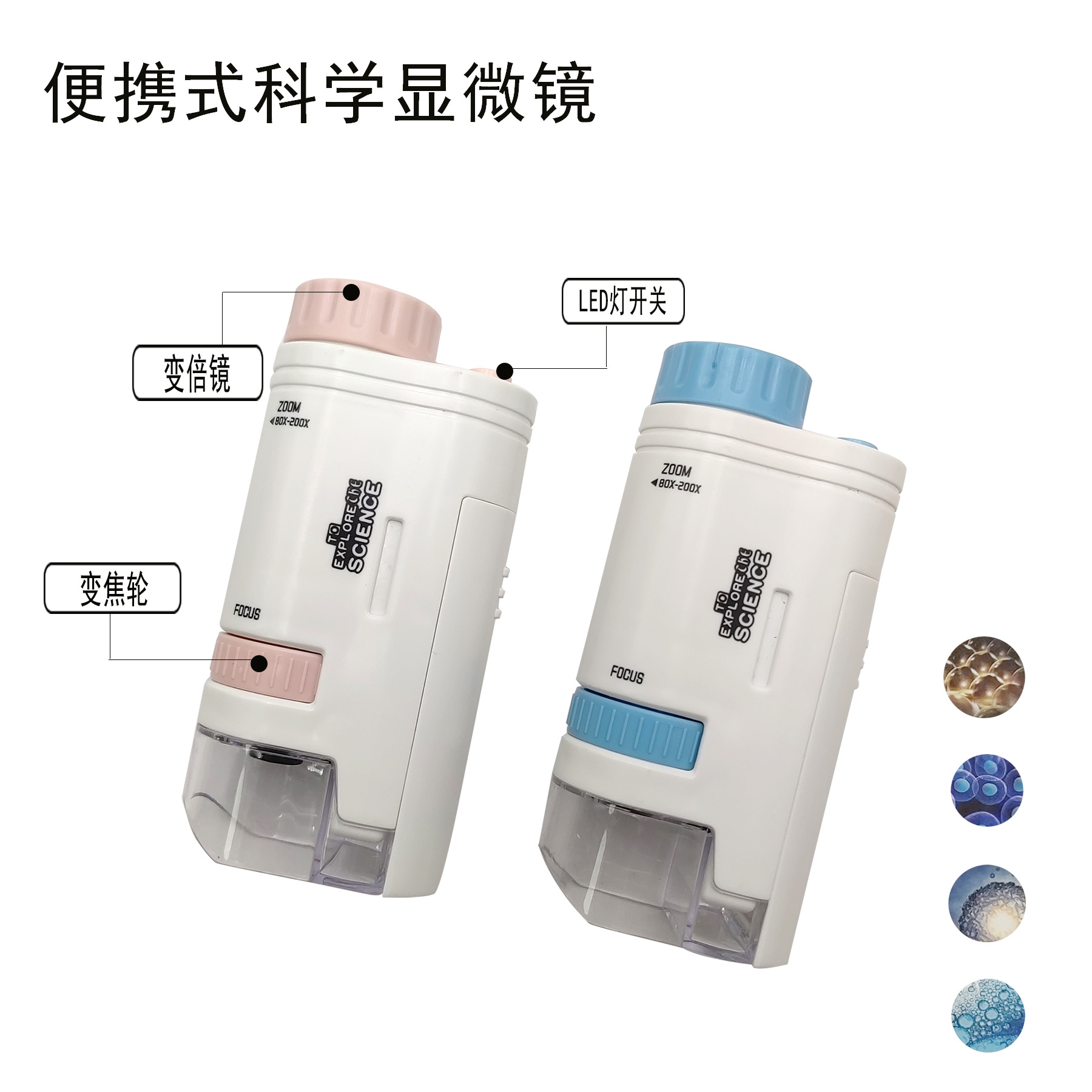蓝竹80-200X便携式光学显微镜儿童教具户外带LED迷你型显微镜8609