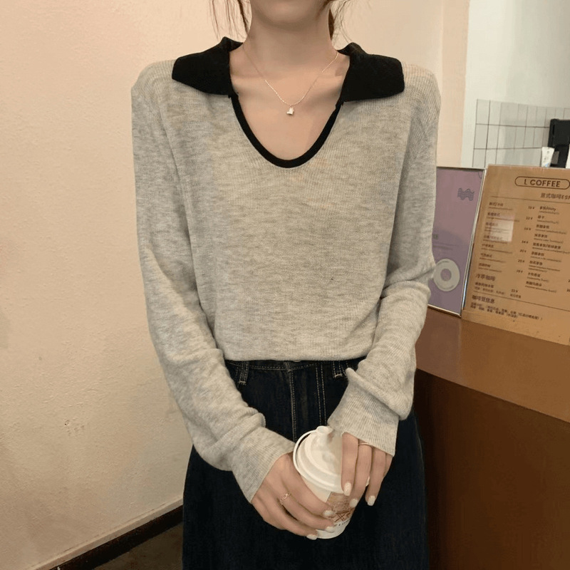 "plus size Loose" College Style Polo Neck Knitted Shirt Women's Early Autumn Slim Long Sleeve Lapel Autumn and Winter Top