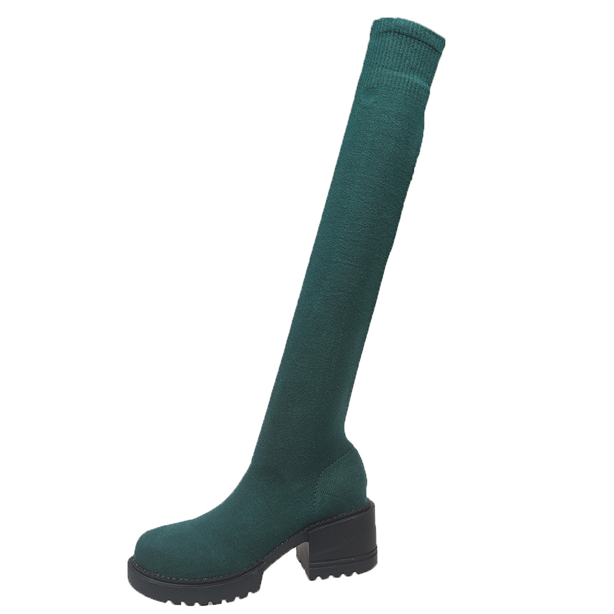 Winterliche Damen-Overknee-Stiefel mit runder Zehenpartie, Flyknit-Strick, figurformender Wirkung, mittelhohem Absatz, dicker Sohle, elastischem Schaft, Übergrößen_voghion.com