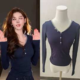 长期现货2025秋冬张予曦同款韩版正肩长袖T恤修身显瘦蓝色上衣女