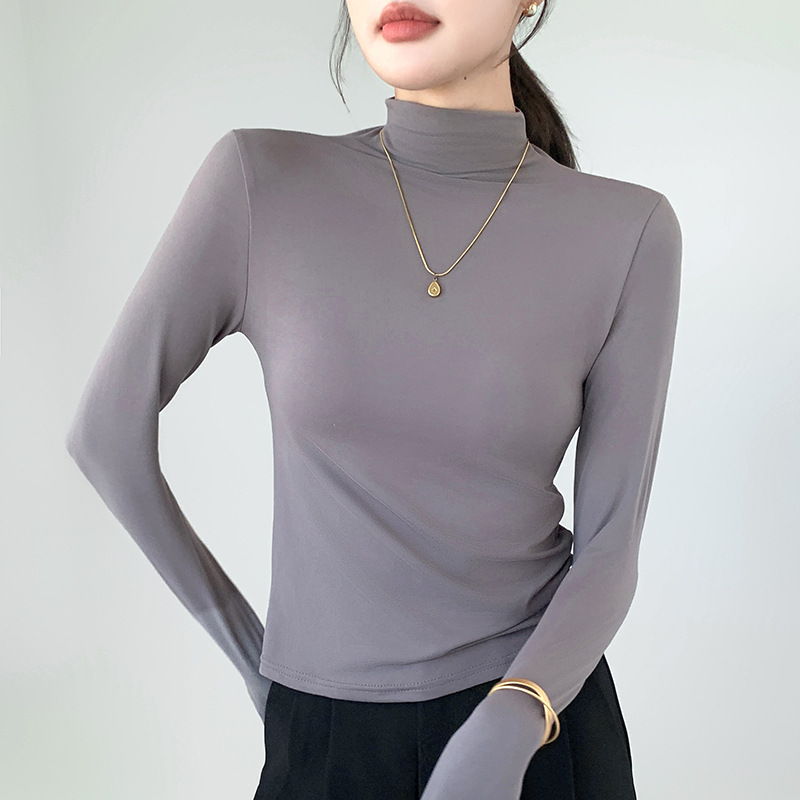Camiseta legging de cuello medio alto para mujeres 2024 otoño y invierno nuevo ajustado interior con camiseta de manga larga delgada y delgada chaqueta de aire extranjero image 7