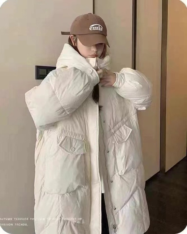2025大口袋长款羽绒服女秋冬新款过膝抽绳连帽时尚加厚白鸭绒外套|undefined