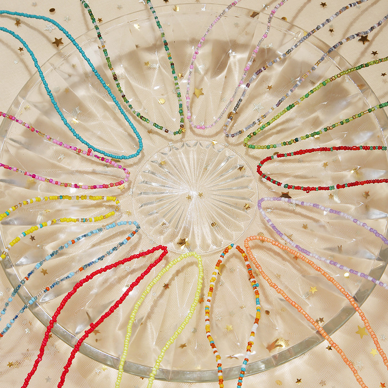 Korean Version Sweet Dopamine Millet Bead Necklace with Steel Wire, Girly Style Rainbow-Colored Glass Rice Bead Choker