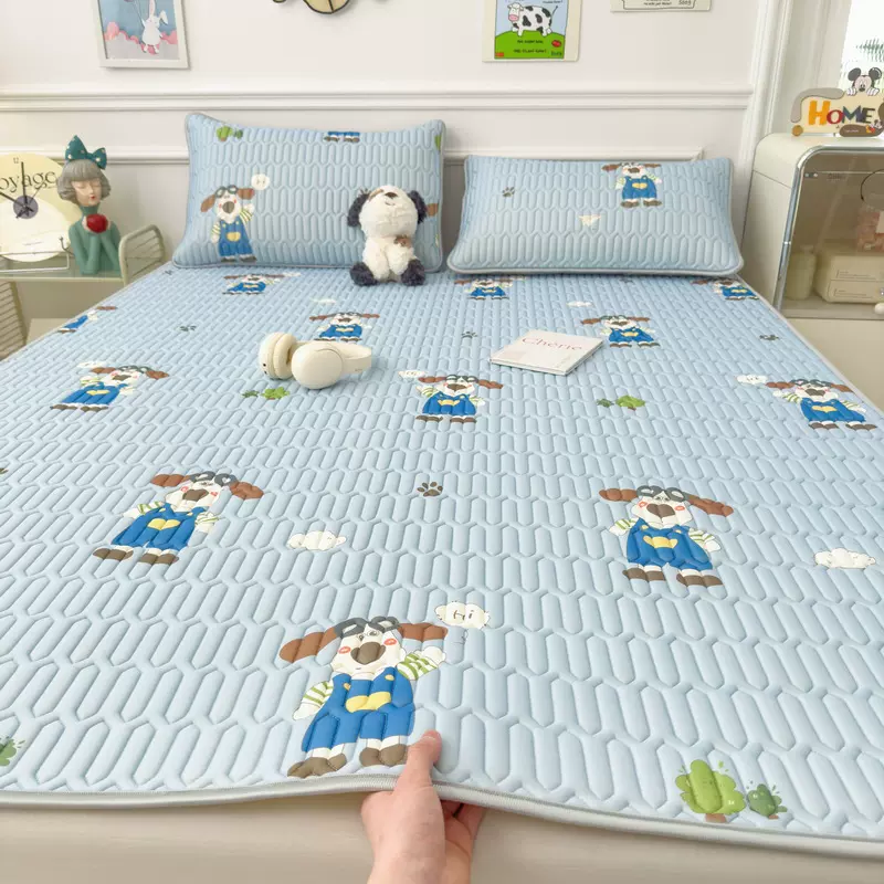 2025新款高密凉感丝印花乳胶凉席三件套冰丝席可水洗空调软席床垫