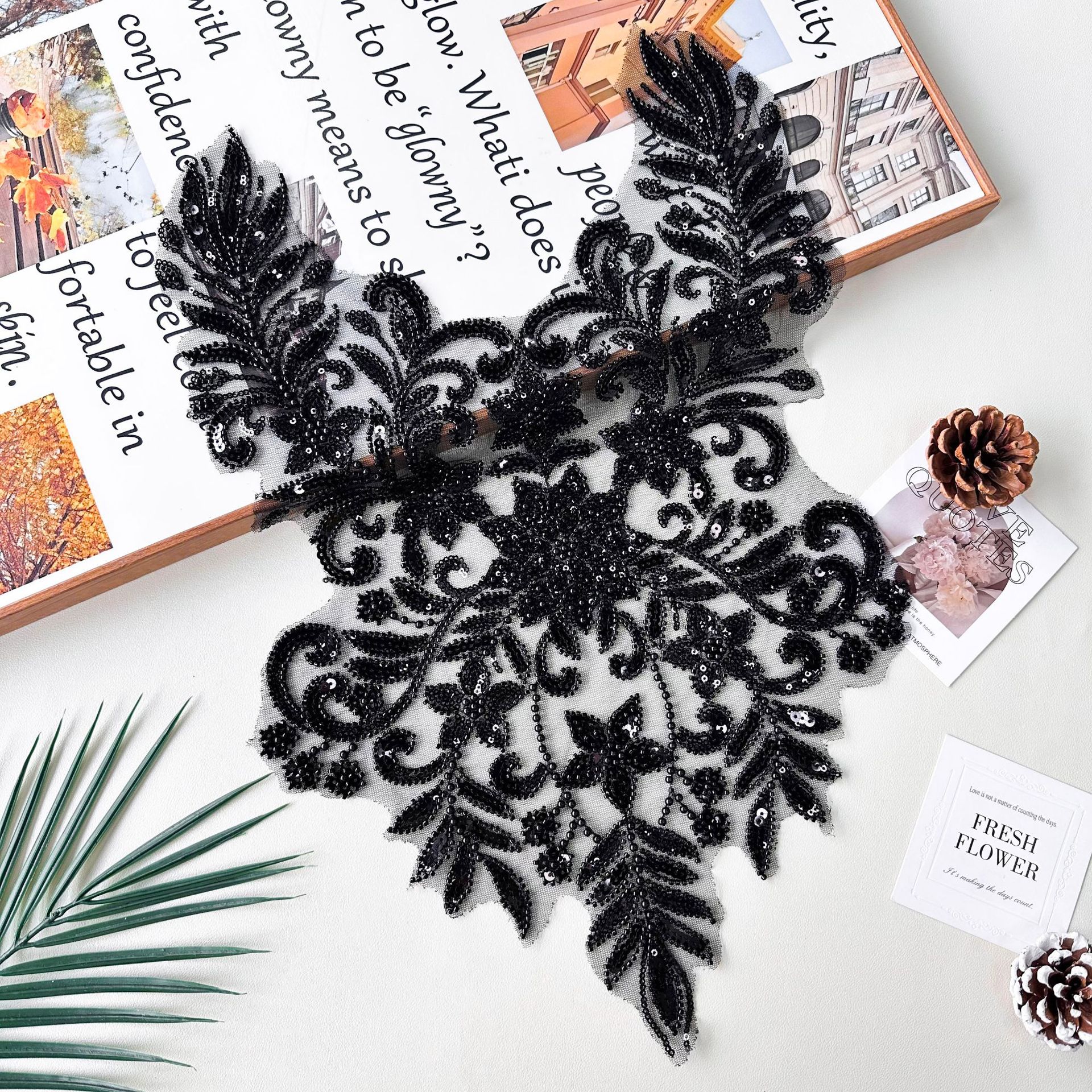 Mayorista negro hermoso encaje collar parches de decoración ropa de baile ropa accesorios bordados piezas de flores image 4