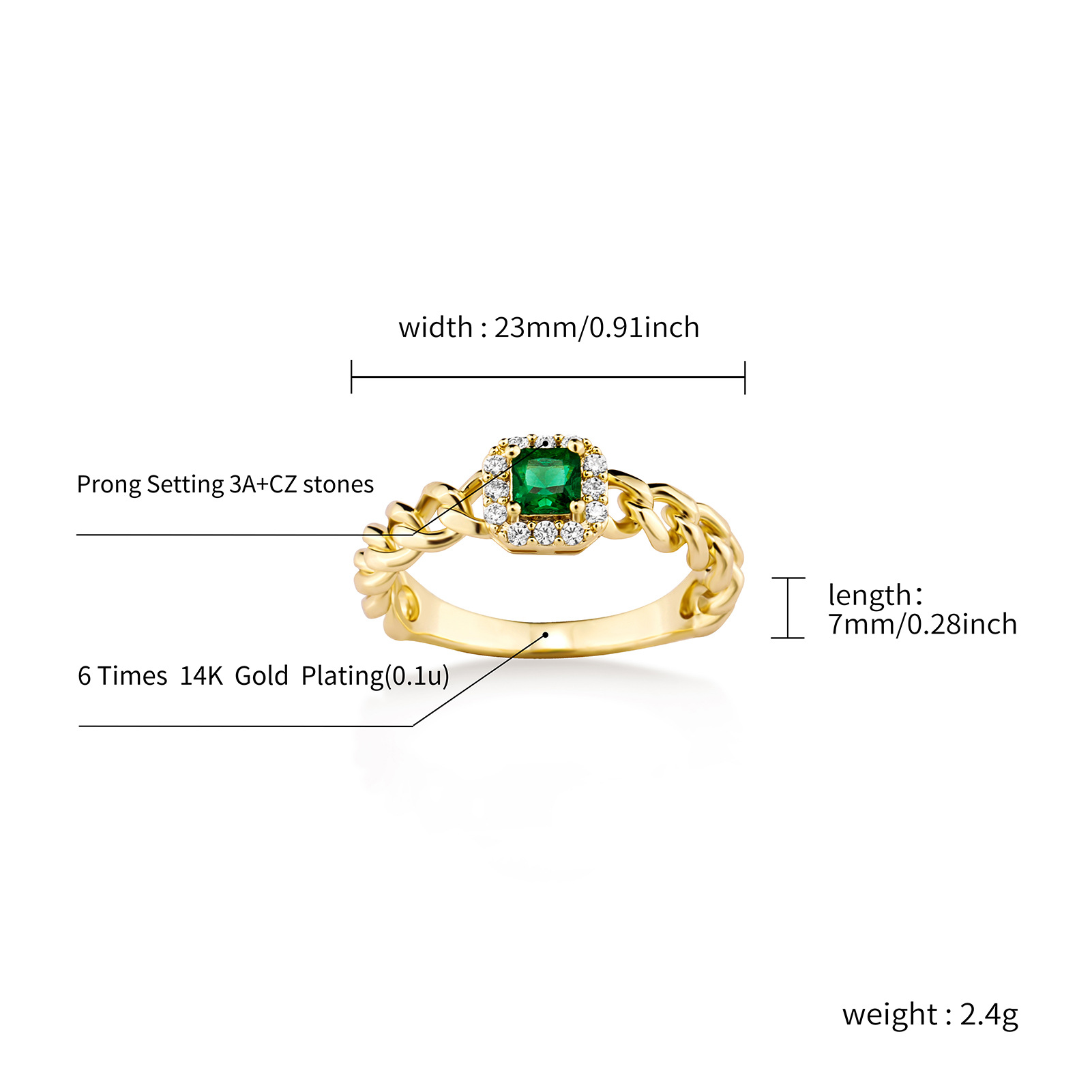 French Retro Emerald Zircon Cuban Chain Ring For Women Gold_voghion.com
