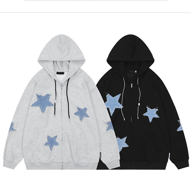 2025 European and American American Retro Star Patch Hooded Sweatshirt Autum Loose Casual Couple Cardigan Jacket Wholesale