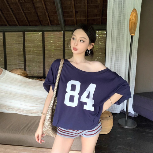 Design Letter Print Off Shoulder T-Shirt Women 2025 New Summer Casual Loose Mid-length Student Top Women 