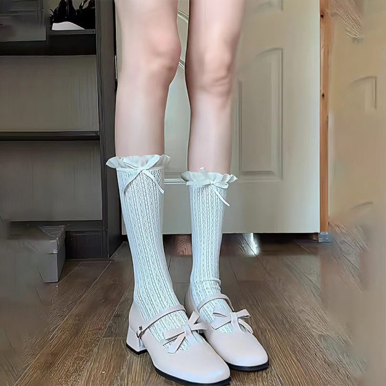 Mary Jane Lace Hollow-out Lace Stockings Children's Mid-tube Mesh Thin Breathable Bow Heap Stacks Jk Summer